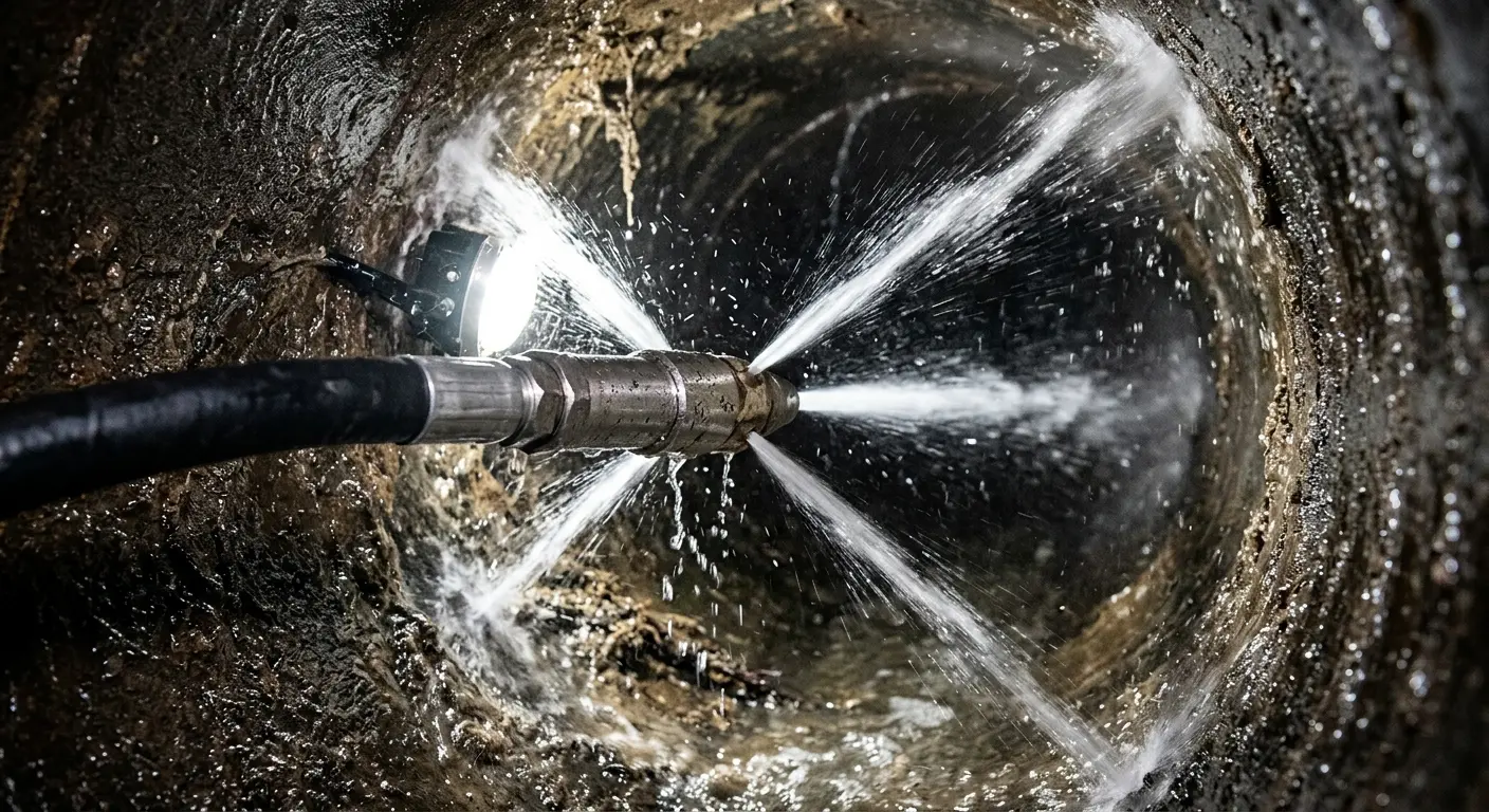 High-pressure hydro jetting nozzle cleaning sewer pipe for Emergency Drain Service in Orange